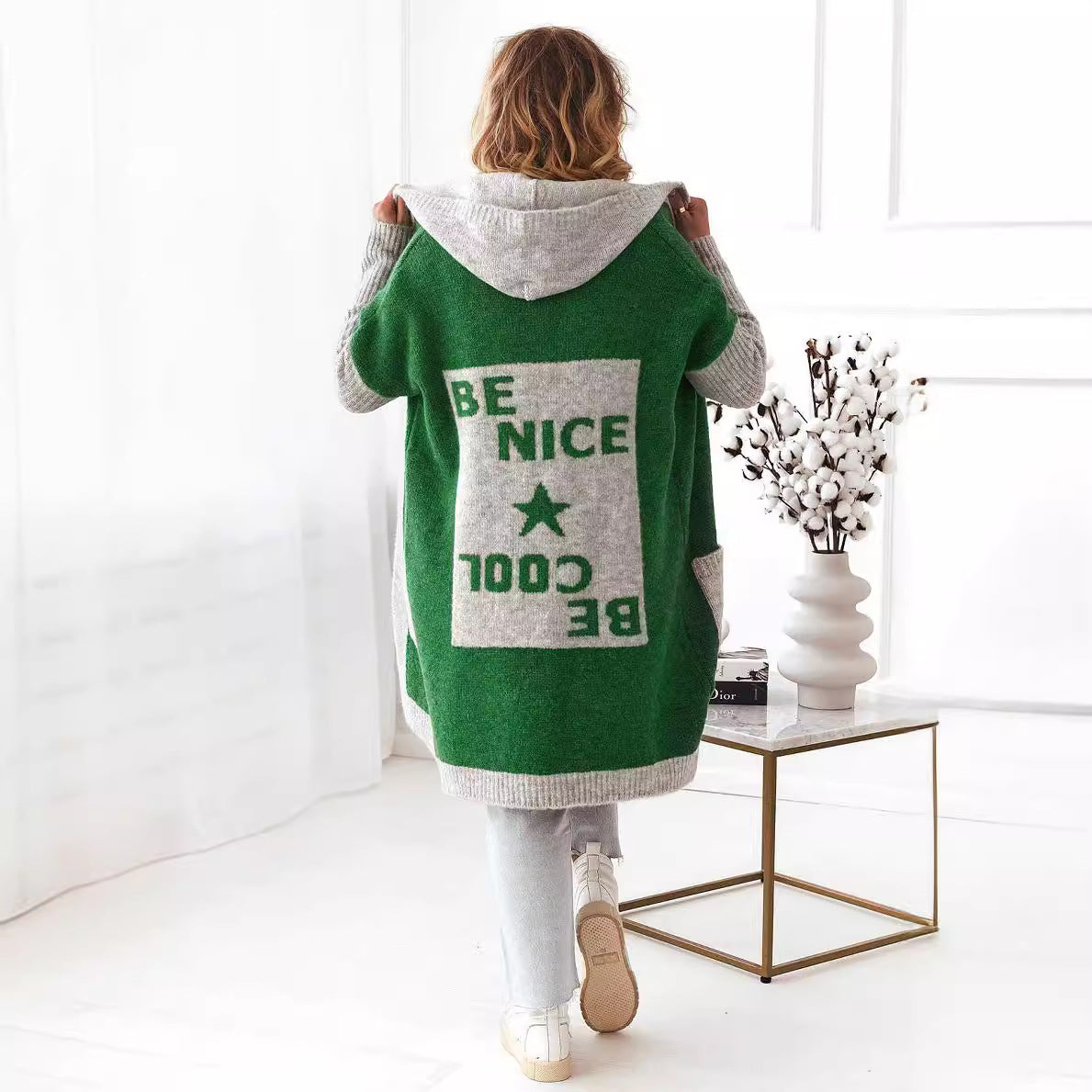Women's Lightweight Knit Coat with Hood and Pockets