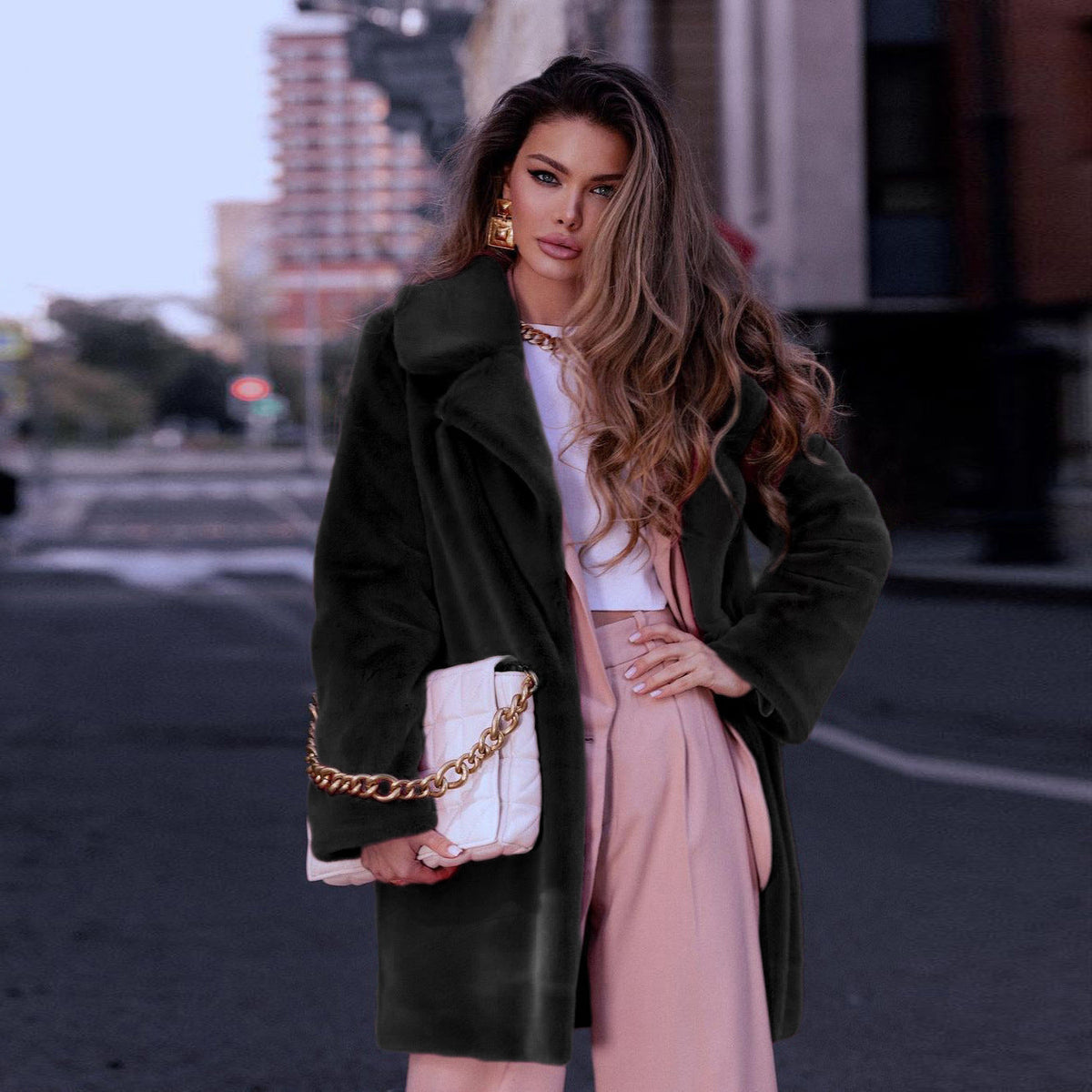 Women's Elegant Faux Fur Coat with Wide Lapel and Loose Fit