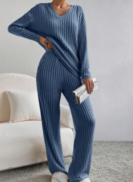 Women's Casual Ribbed Loungewear Set with V-Neck