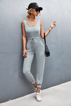 Women's Casual Jumpsuit with Adjustable Waist Drawstring and Slim Cuffs