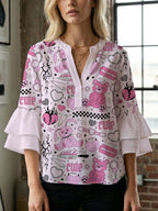 Women's Blouse Shirt with Voluminous Sleeves and Creative Print Design