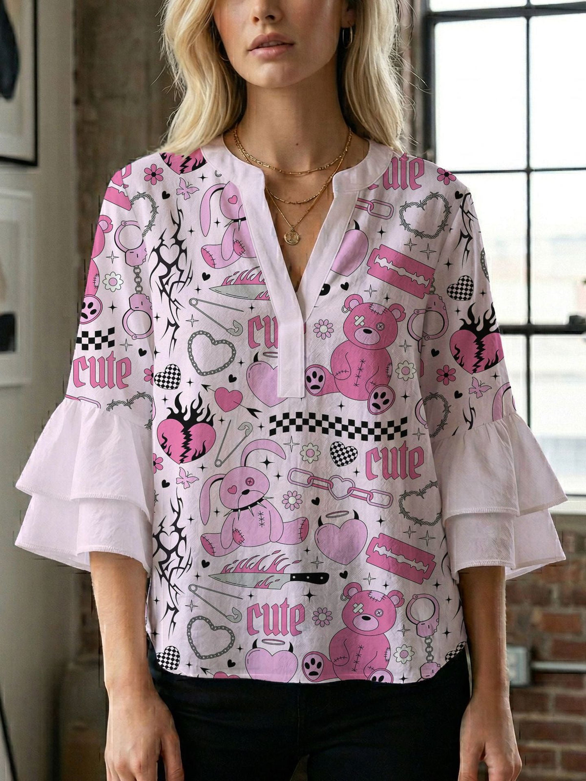 Women's Blouse Shirt with Voluminous Sleeves and Creative Print Design