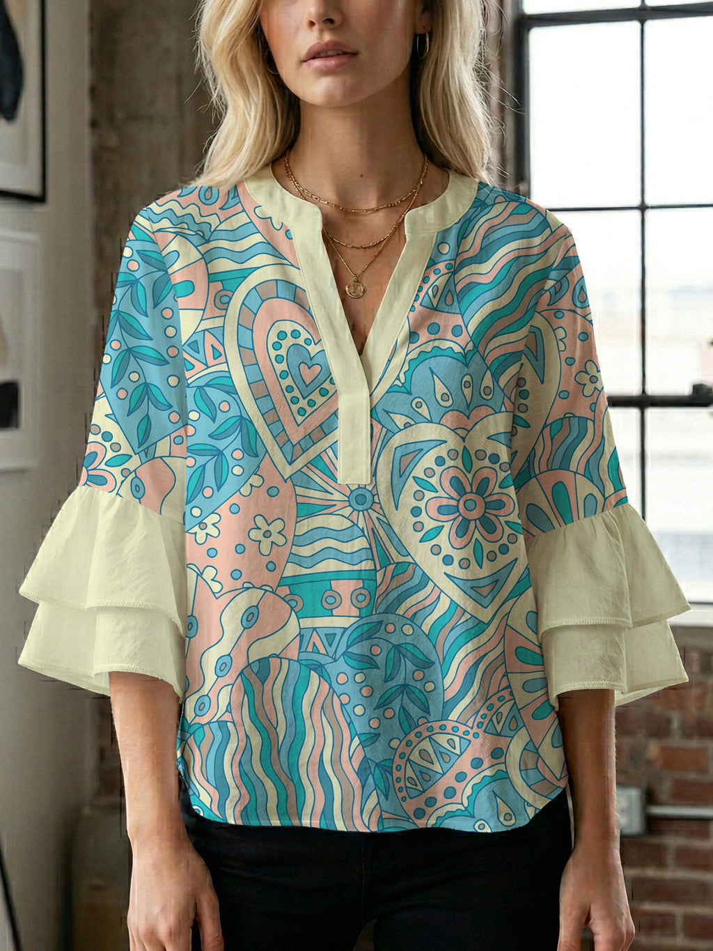 Women's Floral Top with Voluminous Ruffled Sleeves