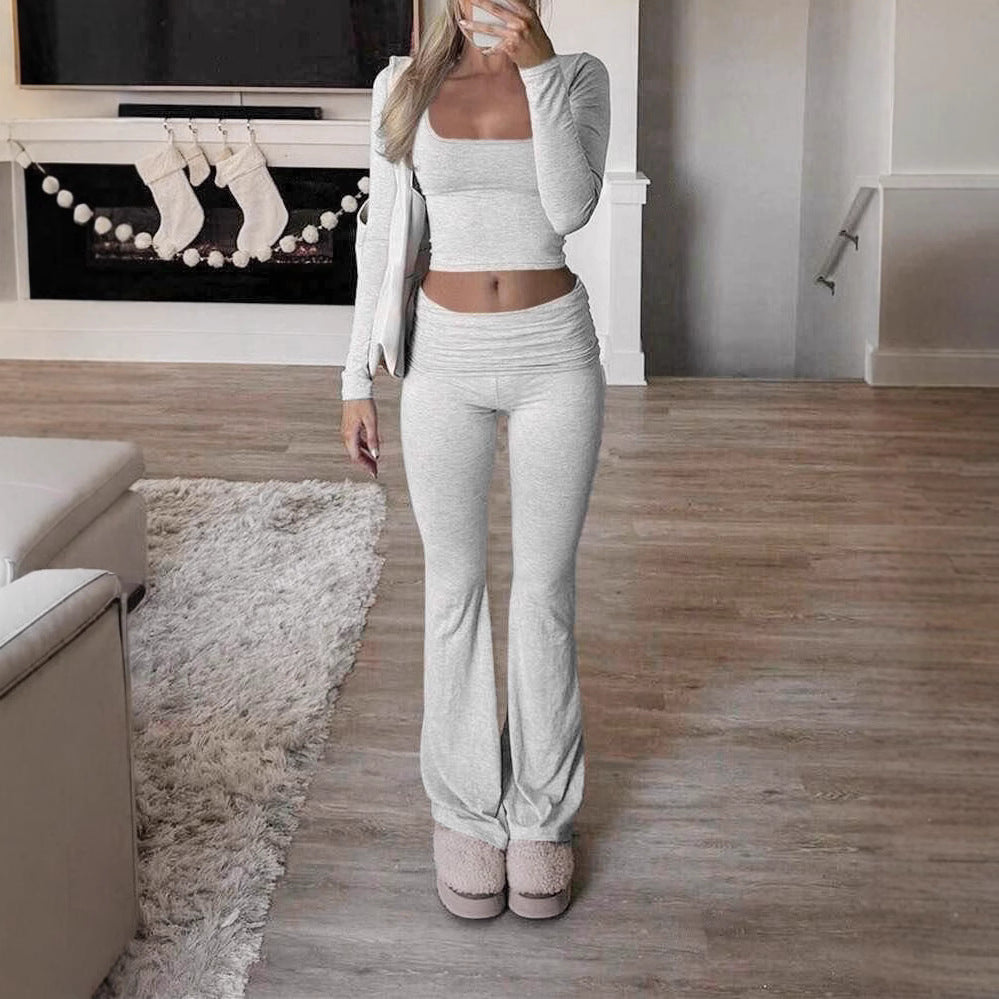 Women's Casual Long-Sleeve Lounge Set with Flared Pants