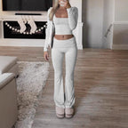 Women's Casual Long-Sleeve Lounge Set with Flared Pants