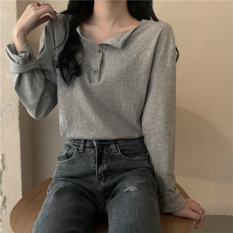 Women's Long-Sleeve Henley Shirt with Modern Collar and Button Placket
