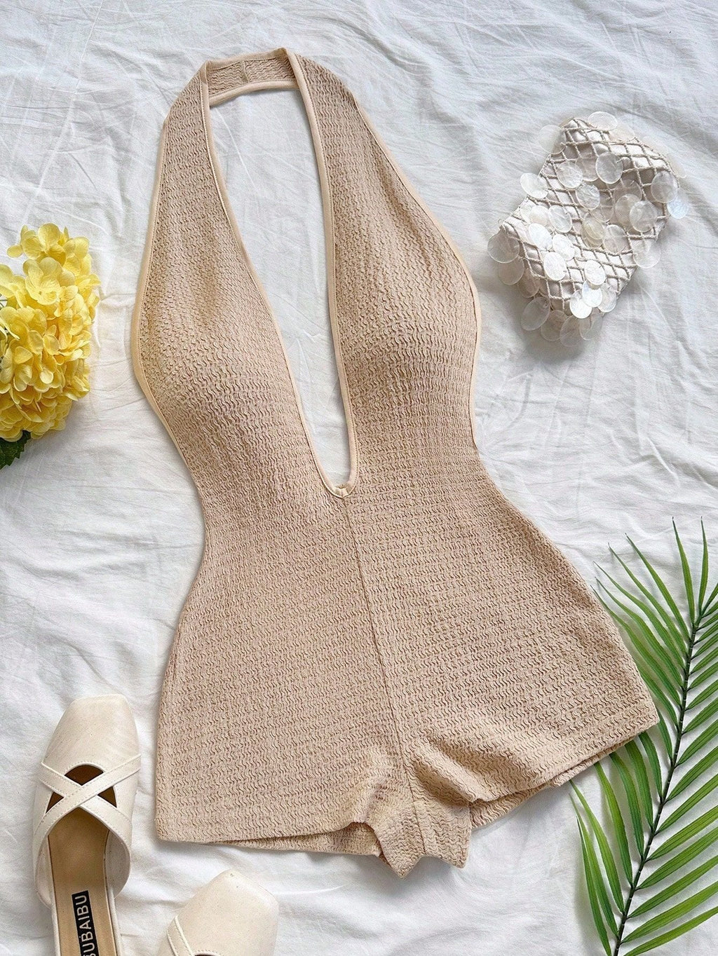 Women's Deep V-Neck Bodysuit with Textured Finish
