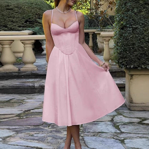 Elegant A-Line Midi Dress with Spaghetti Straps