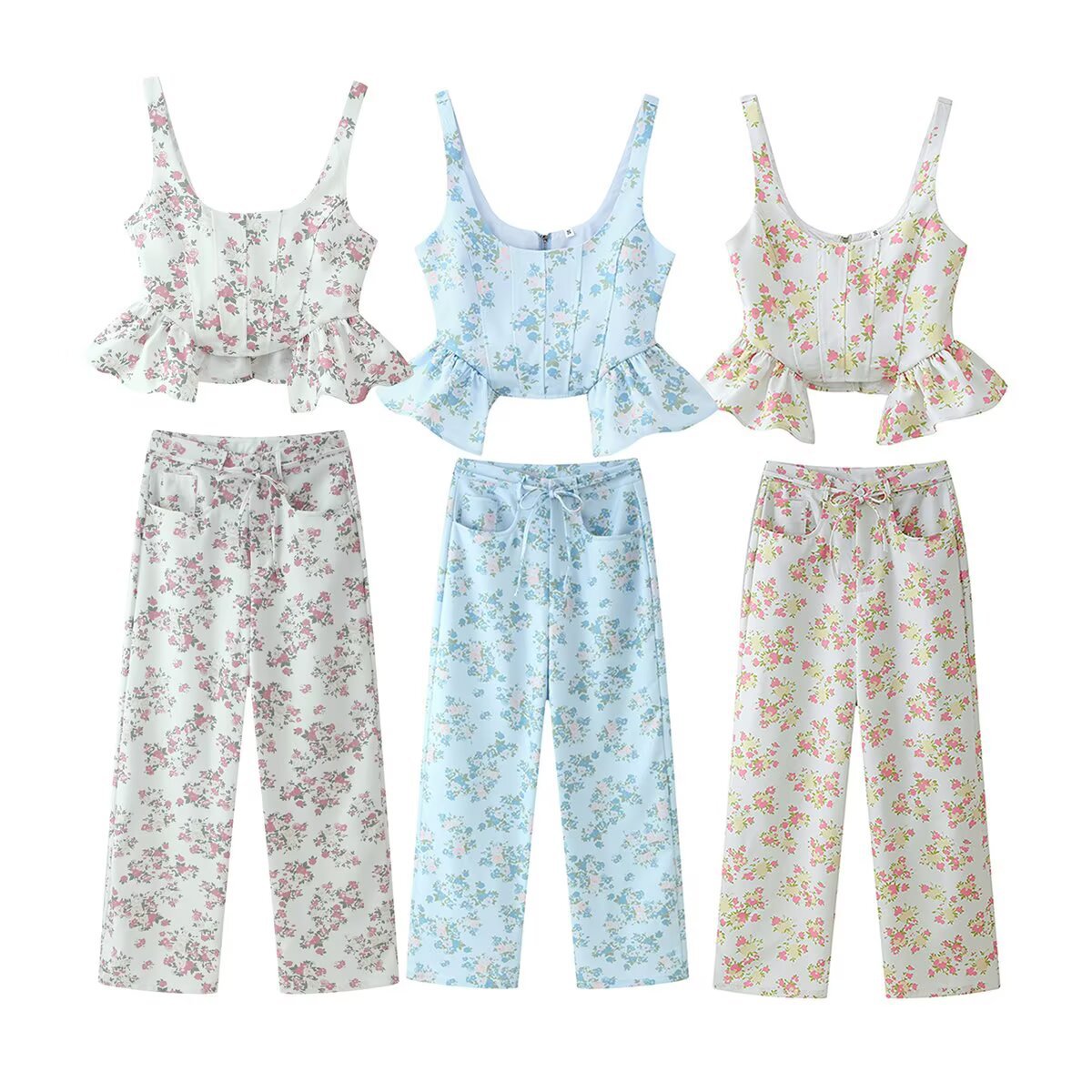 Women's Top and Pants Set with Floral Design