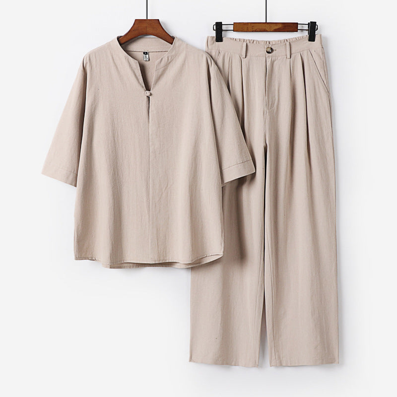 Men's Two-Piece Lightweight Leisure Set with Stand Collar and Elastic Waist Pants