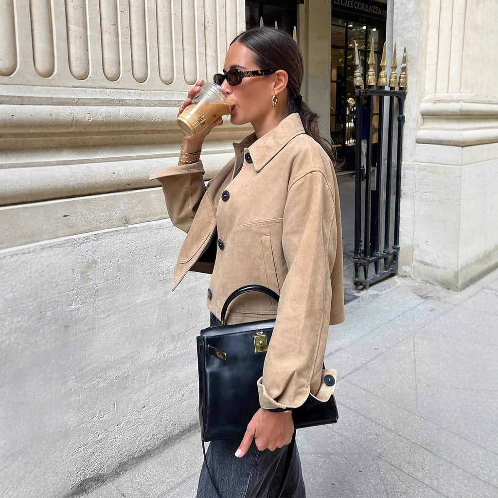 Women's Cropped Faux Leather Jacket with Side Pockets