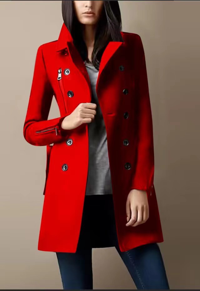 Women's Fashionable Short Coat with Double-Breasted Button Placket and Side Zippers