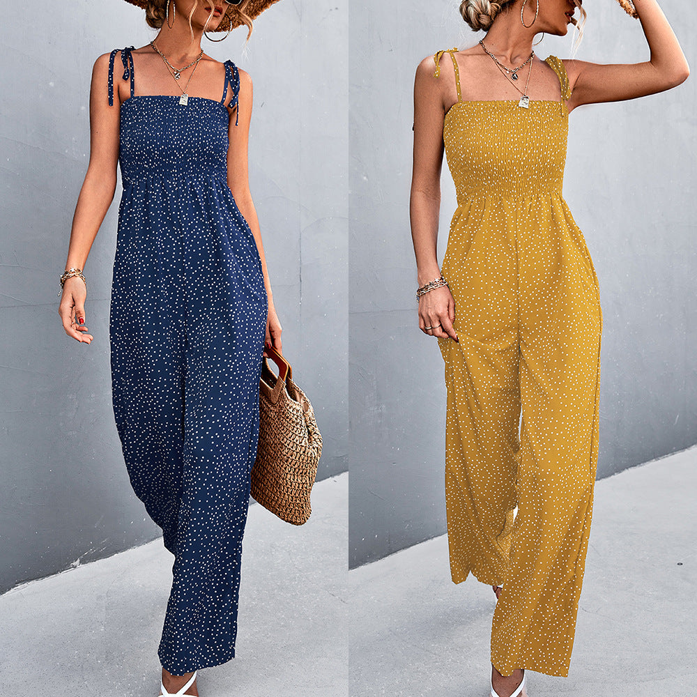 Women's Airy Jumpsuit with Spaghetti Straps and Playful Polka Dot Pattern