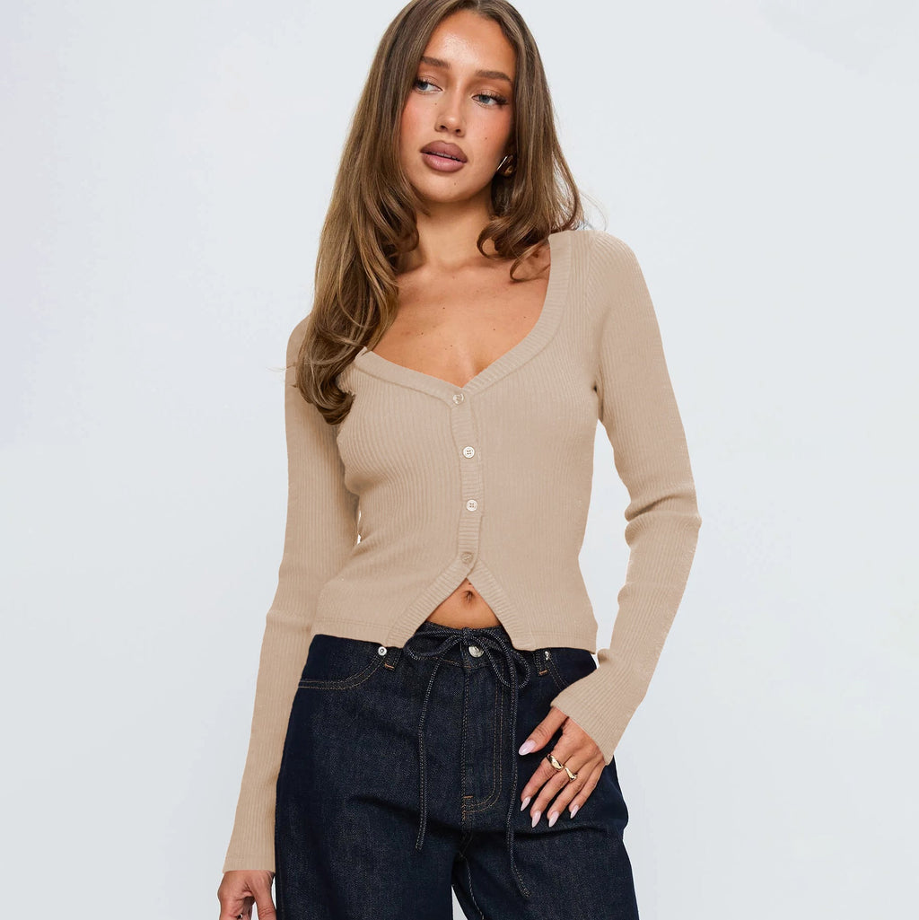 Women's Elegant Ribbed V-Neck Cardigan with Button Placket