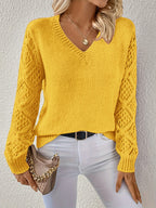 Elegant V-Neck Knit Sweater with Crocheted Sleeves