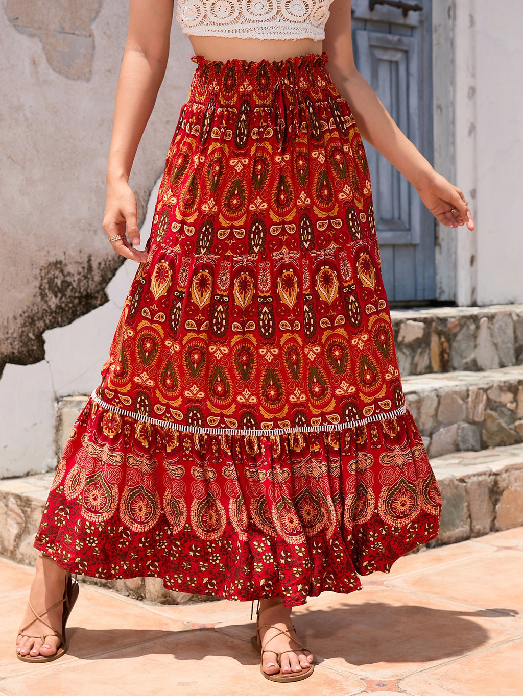 Women's Maxi Skirt with Playful Paisley Pattern and Ruffle Details