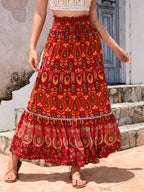 Women's Maxi Skirt with Playful Paisley Pattern and Ruffle Details