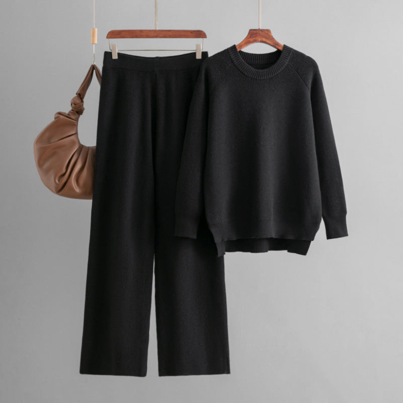 Women's Casual Knit Lounge Set with Wide Top and Comfortable Pants