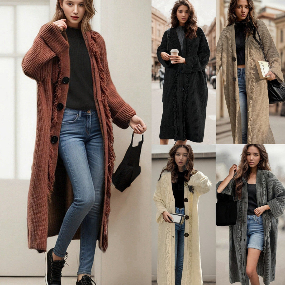 Women's Casual Knit Coat with Fringed Edges and Spacious Pockets