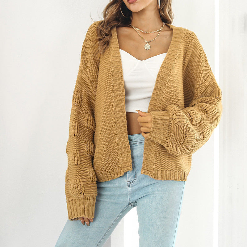 Women's Chunky Knit Cardigan with Wide Sleeves and V-Neck