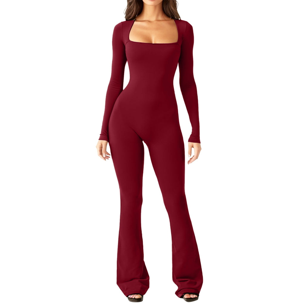 Women's Long Sleeve Romper with Square Neck and Wide Leg