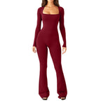 Women's Long Sleeve Romper with Square Neck and Wide Leg