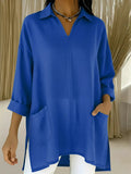 Women's Long-Sleeve Blouse with V-Neck and Pockets