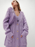 Women's Chunky Knit Cardigan with Heart-Shaped Buttons and Side Pockets