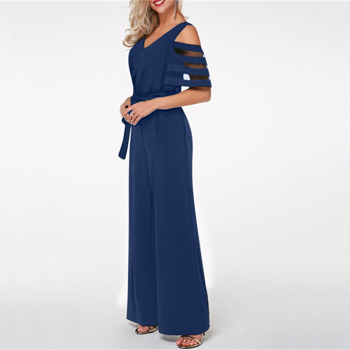 Elegant Jumpsuit with Sheer Sleeve Details and Waist Belt