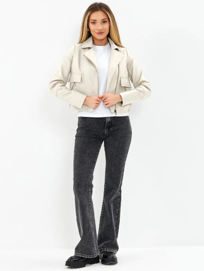 Women's Cropped Faux Leather Jacket with Practical Pockets