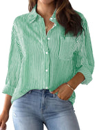 Women's Loose Striped Shirt with Chest Pocket and Roll-Up Sleeves