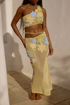 Women's Crochet Skirt with Floral Appliqués and Asymmetric Cut