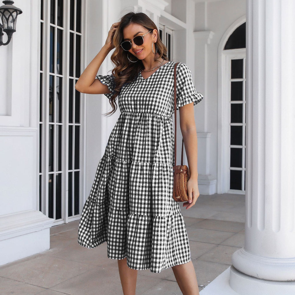 Women's Flowy V-Neck Jumpsuit with Ruffles and Plaid Pattern