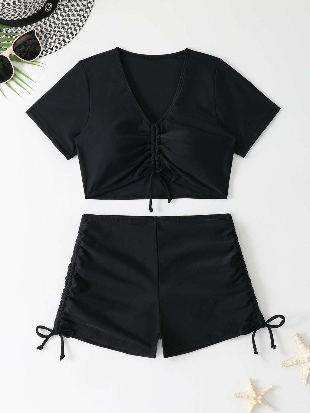 Women's Swim Top with Lace-Up Design and High-Waisted Shorts