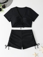 Women's Swim Top with Lace-Up Design and High-Waisted Shorts