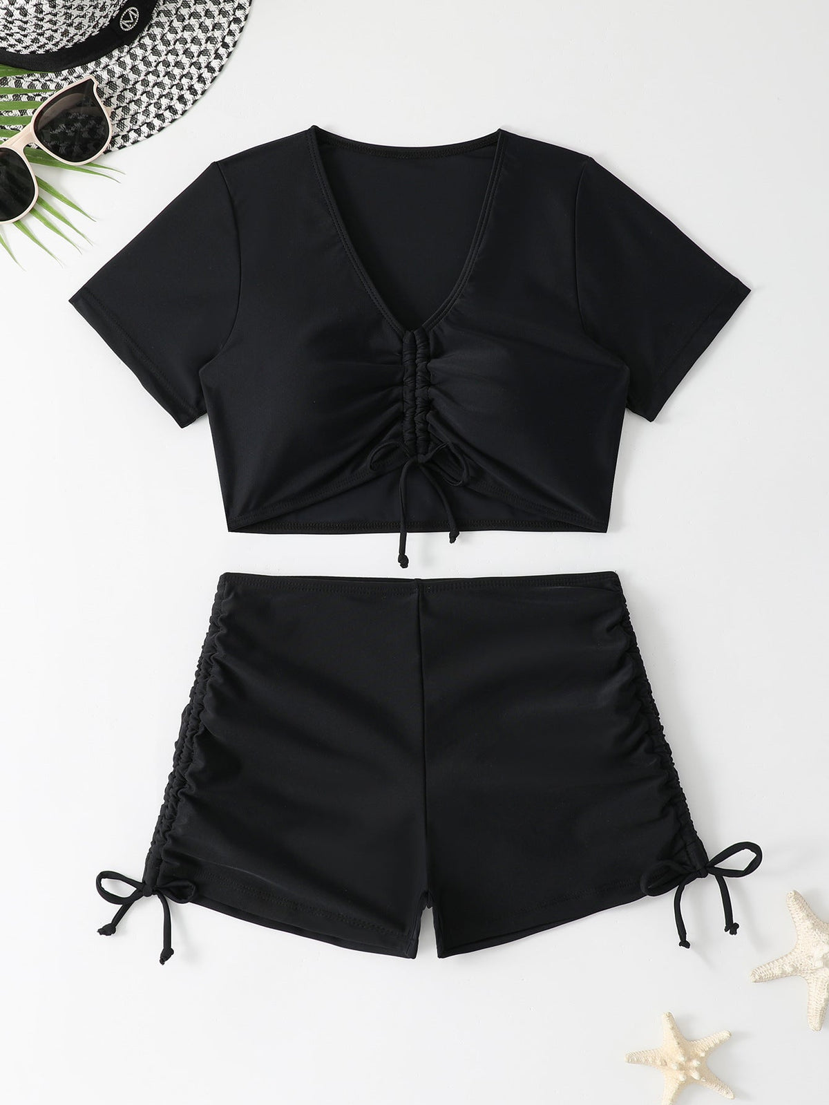Women's Swim Top with Lace-Up Design and High-Waisted Shorts