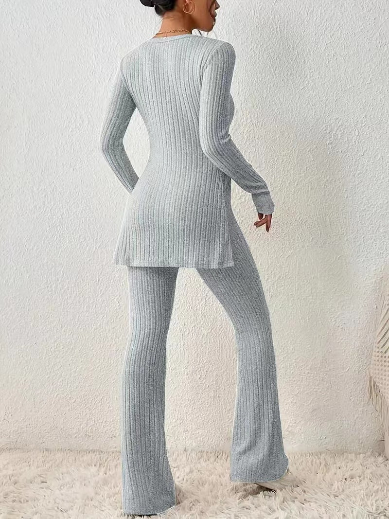 Women's Fine Ribbed Lounge Set with Long Sleeves and Flared Legs