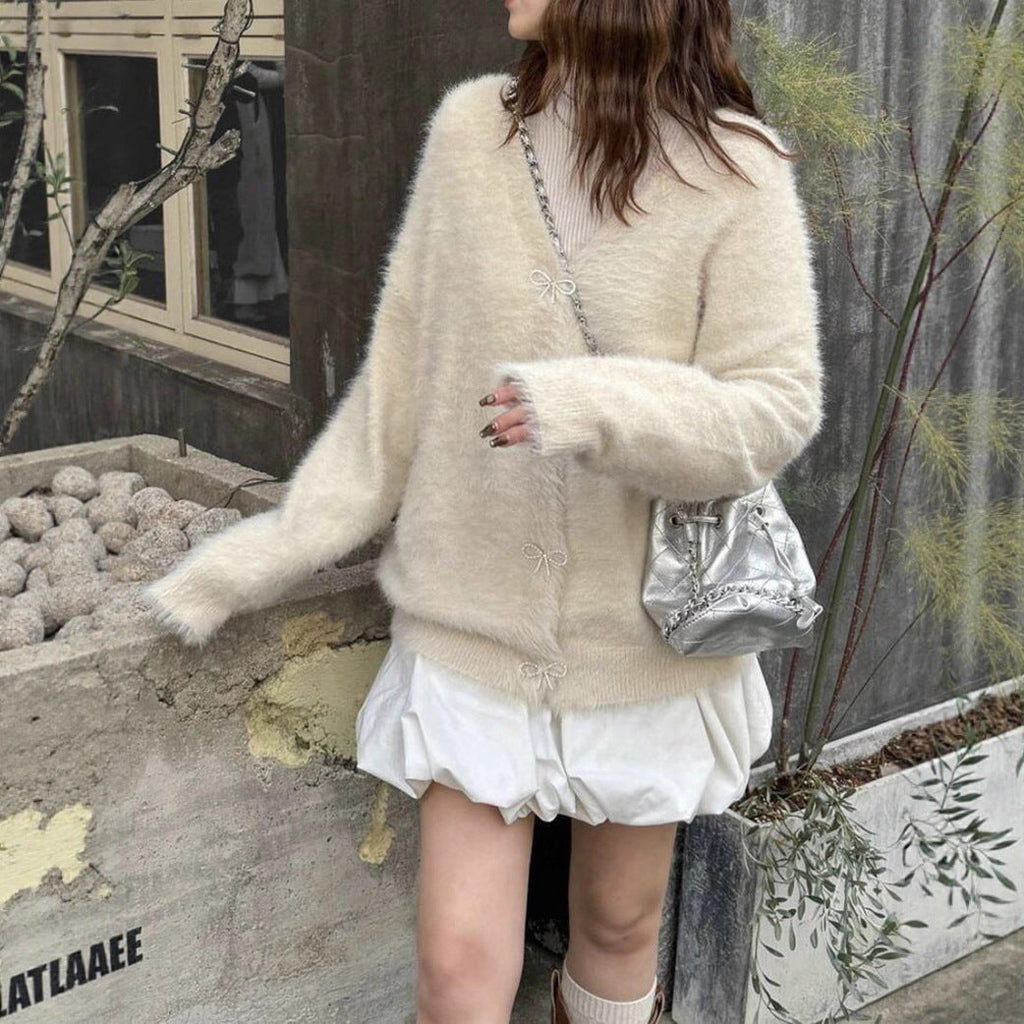 Women's Fluffy Knit Cardigan with Elegant Button Details