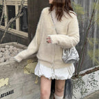 Women's Fluffy Knit Cardigan with Elegant Button Details