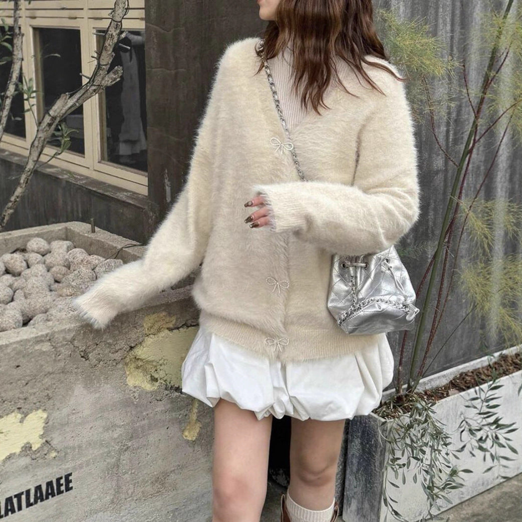 Women's Fluffy Knit Cardigan with Elegant Button Details
