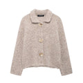 Women's Elegant Wool Jacket with Decorative Flower Buttons