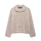 Women's Elegant Wool Jacket with Decorative Flower Buttons