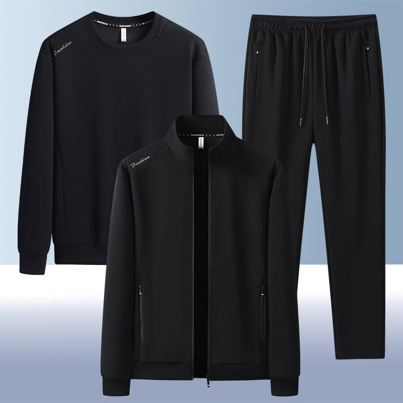 Men's two-piece training set with stand-up collar zip jacket, round neck sweatshirt, and tapered jogging pants