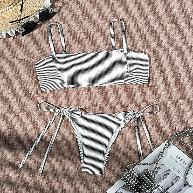 Women's Striped Bandeau Bikini with Adjustable Straps