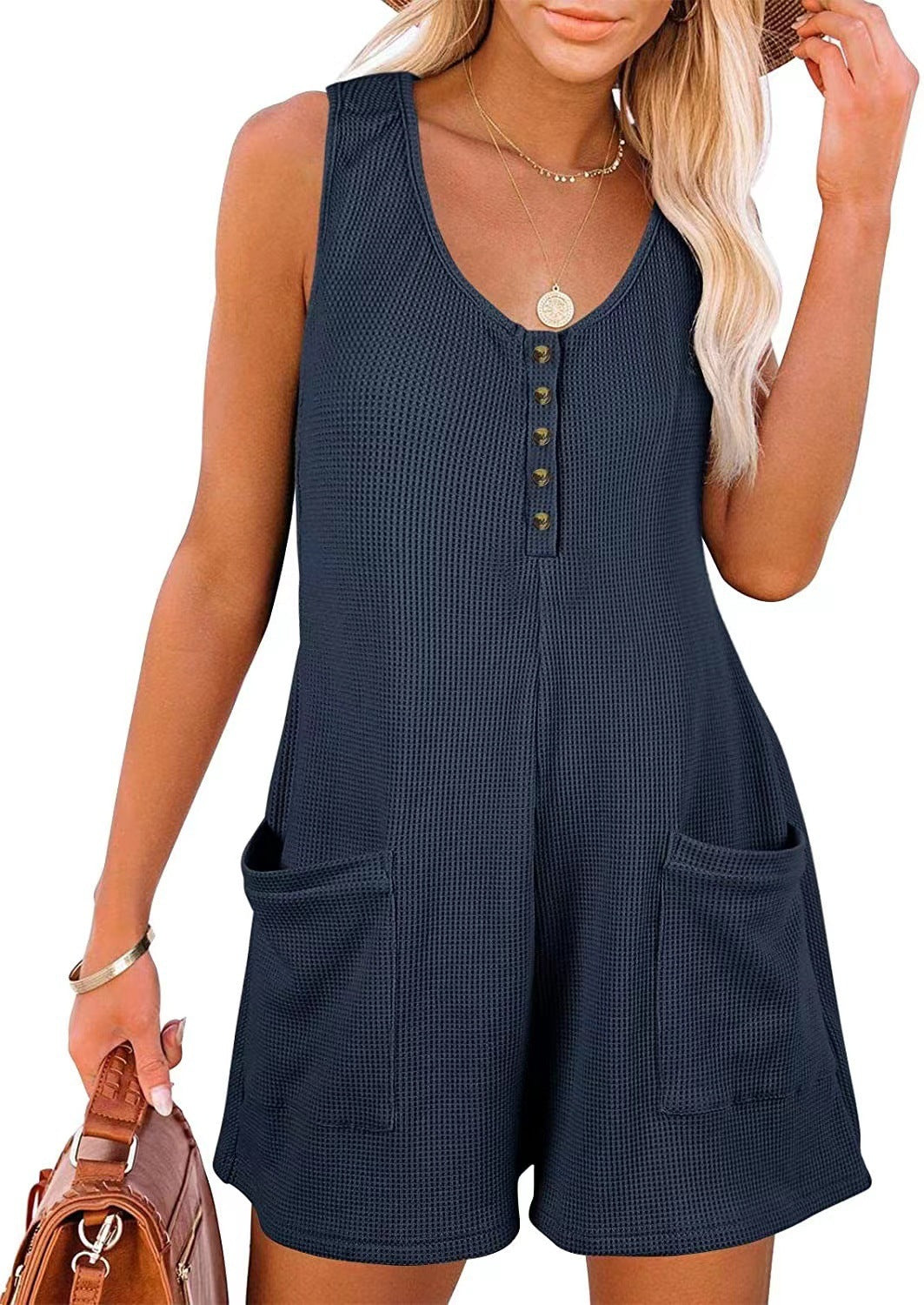 Casual Short Jumpsuit with Button Placket and Pockets
