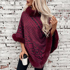 Women's Fashionable Poncho with Decorative Faux Fur Collar