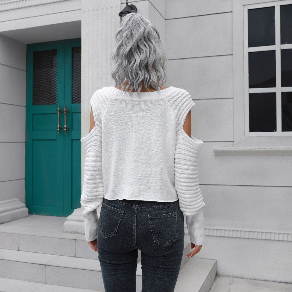Women's Off-Shoulder Cropped Ribbed Sweater