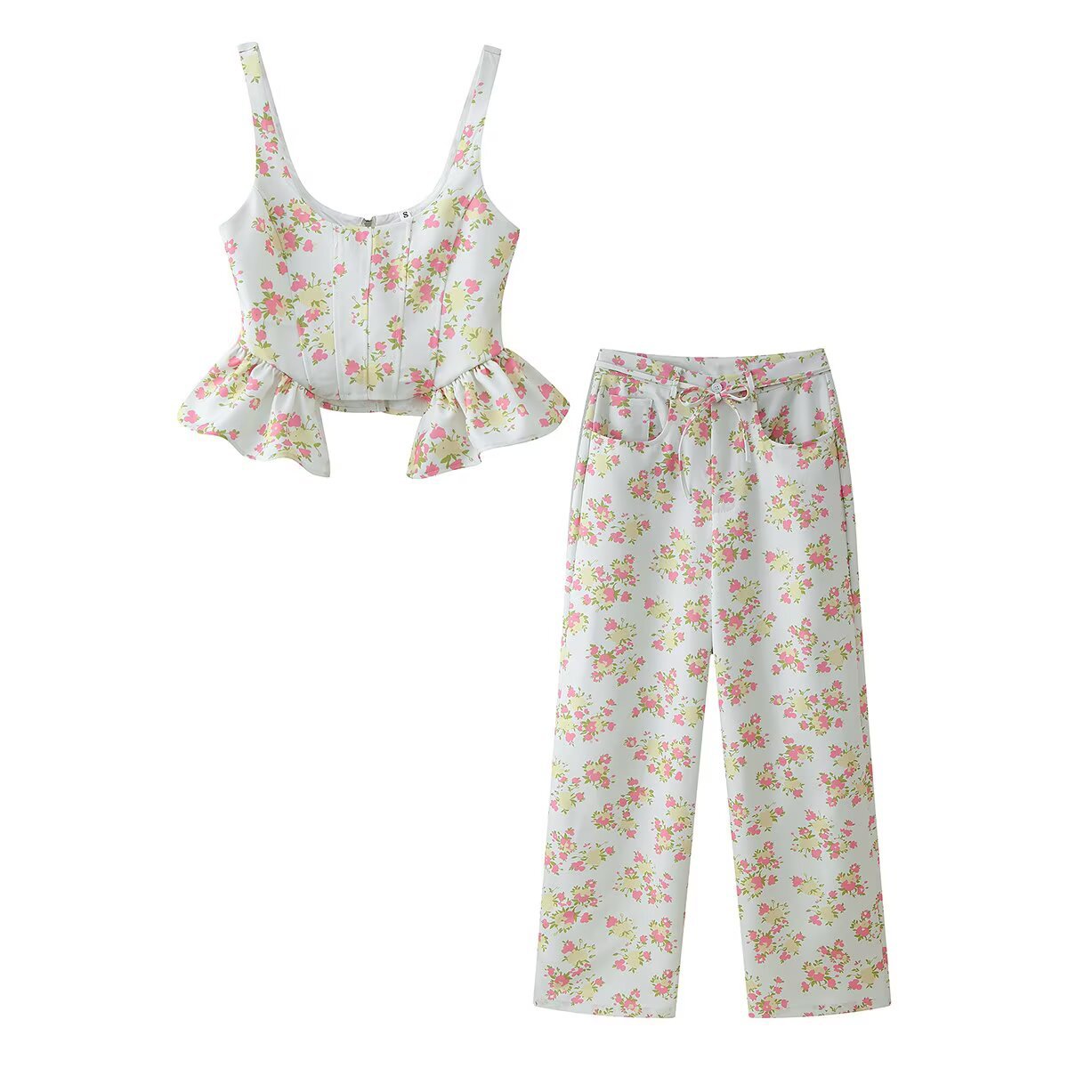 Women's Top and Pants Set with Floral Design
