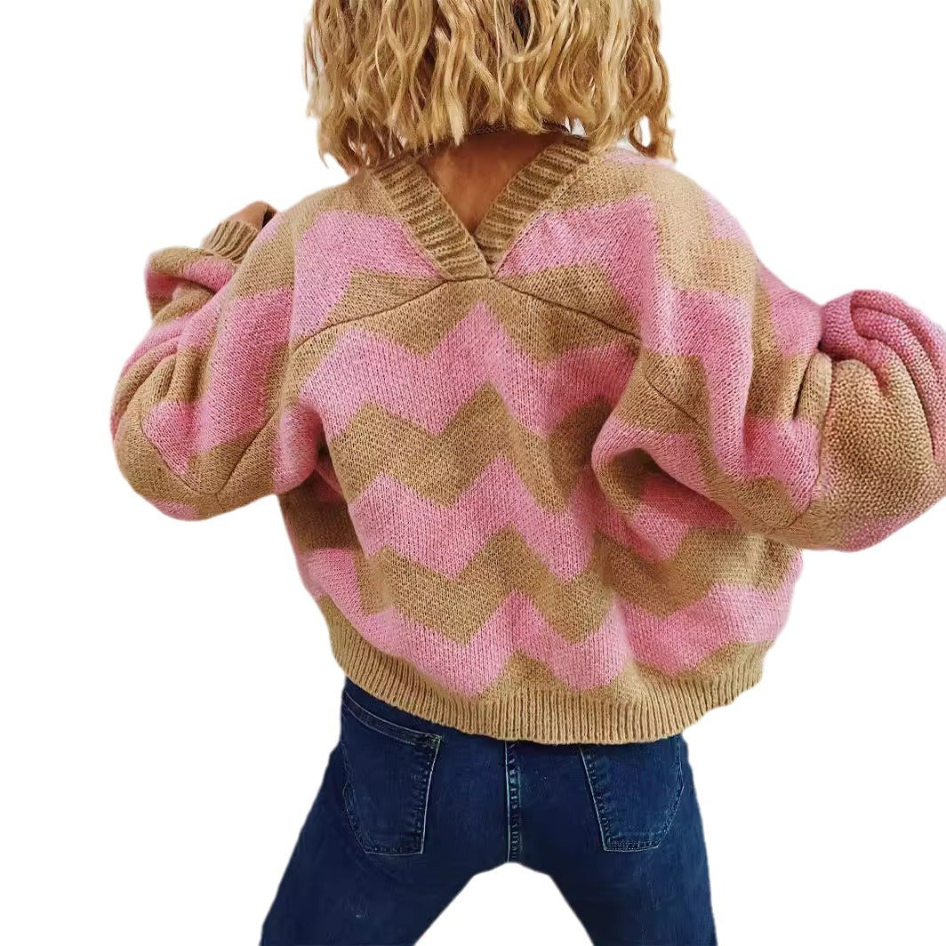 Women's Chunky Knit Cardigan with Zigzag Pattern