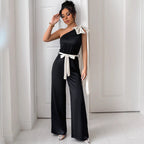Elegant Women's Jumpsuit with Asymmetric Neckline and Decorative Waist Belt